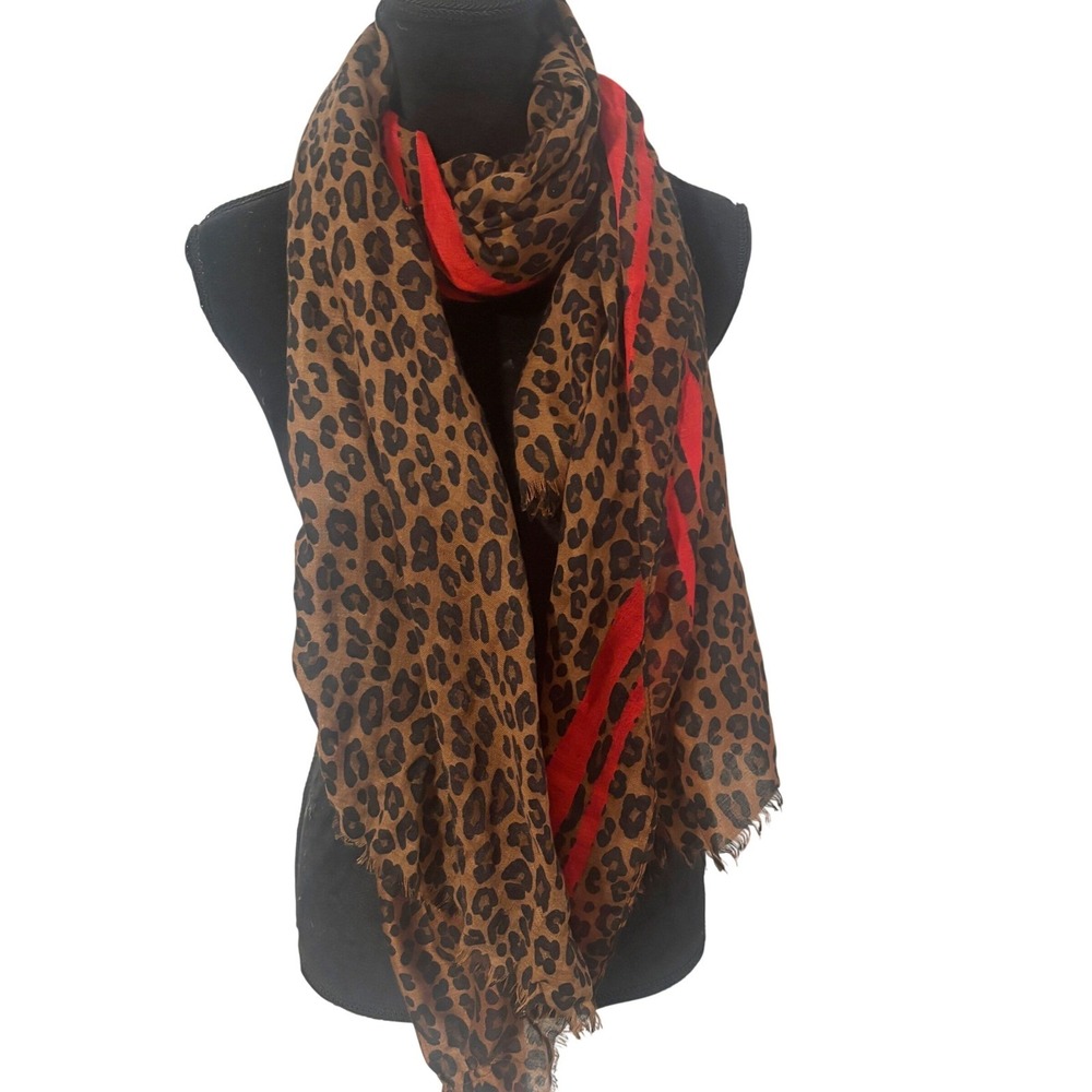 Leopard Print Oversized Scarf Brown Tan Red Stripe Frayed Edge Wrap